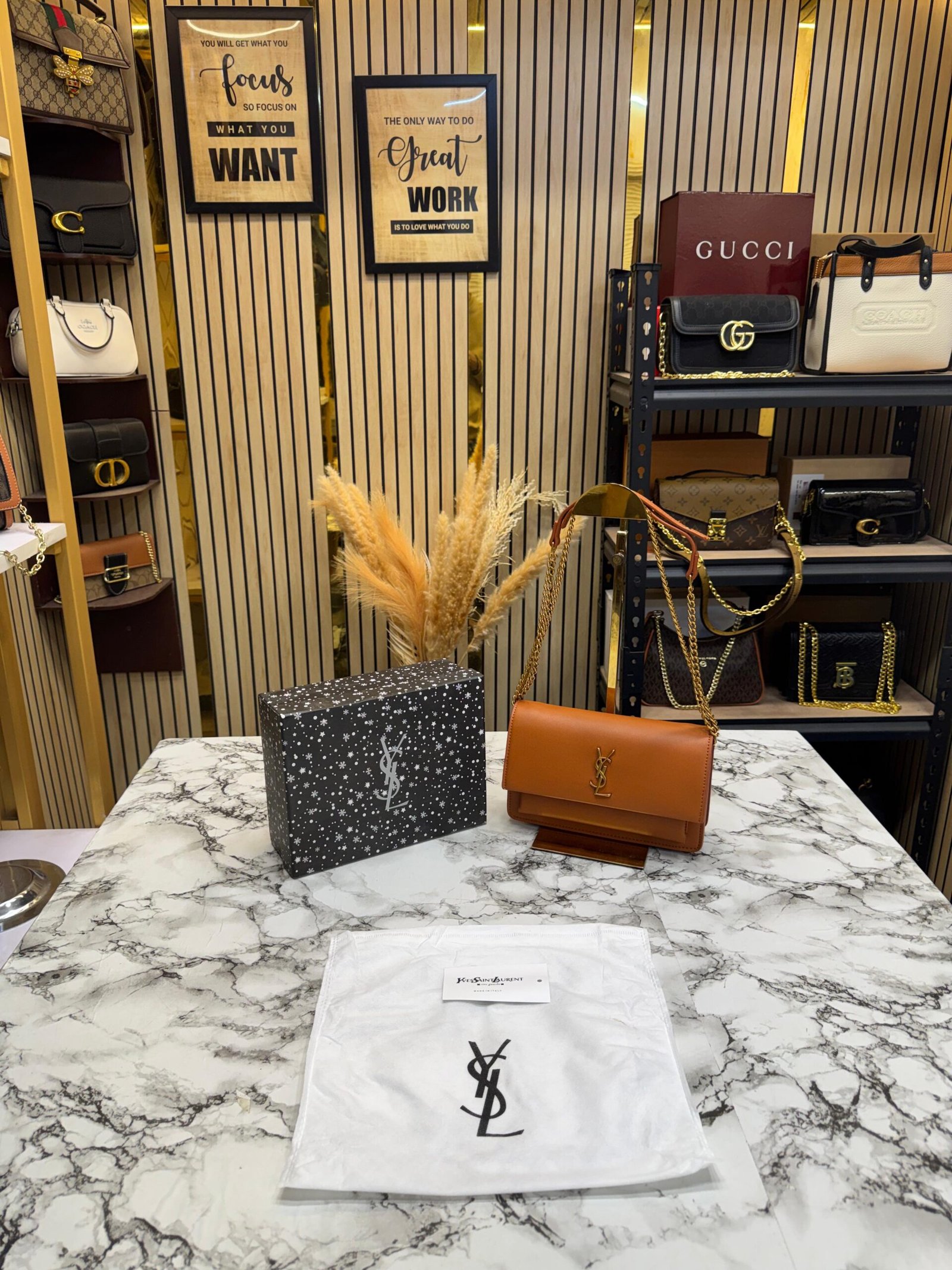 YSL SAINT LAURENT SUNSET PREMIUM SHOULDER BAG WITH OG BOX (brown)