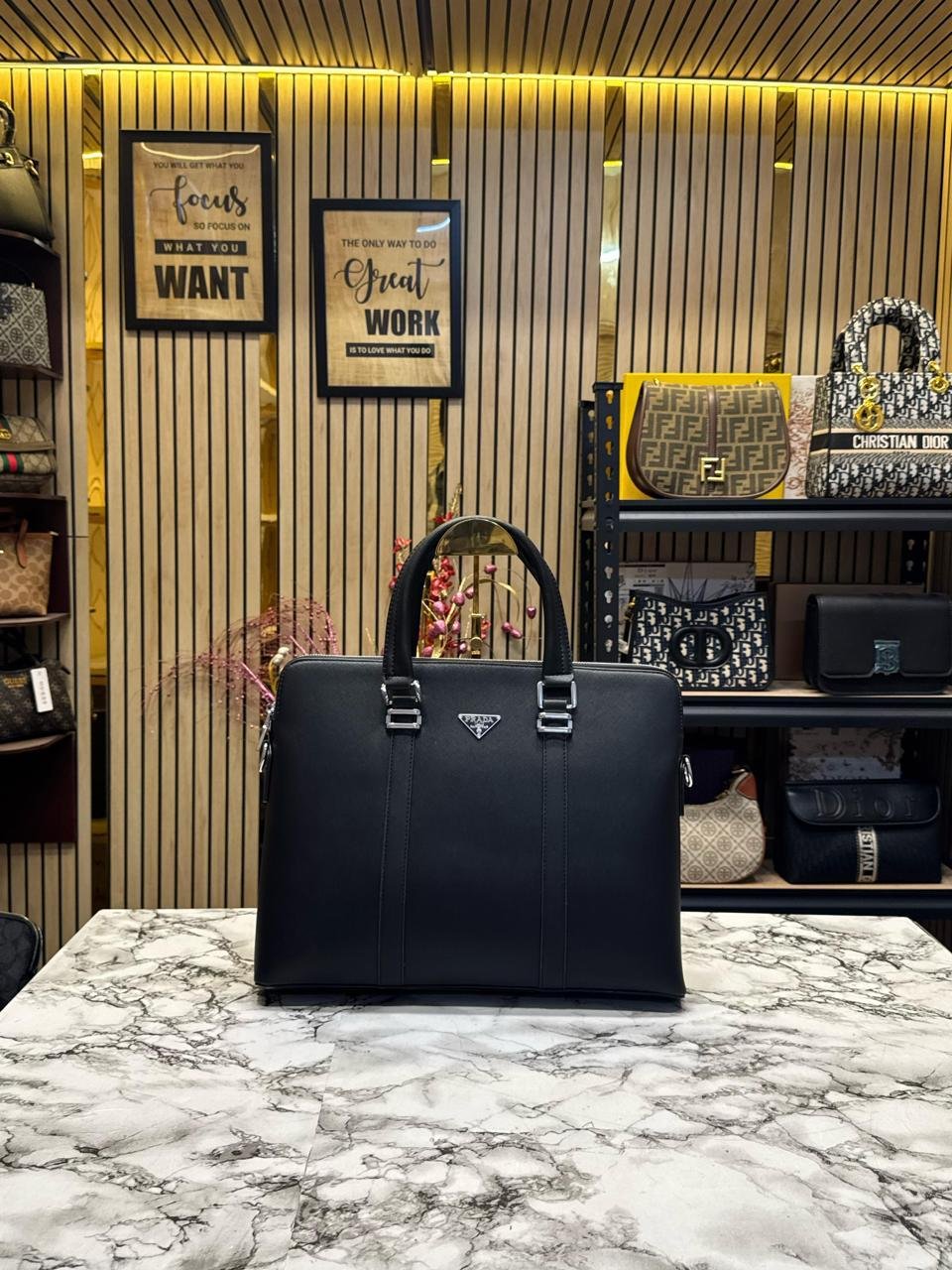 Prada Saffiano leather briefcase laptop Bag (Black)