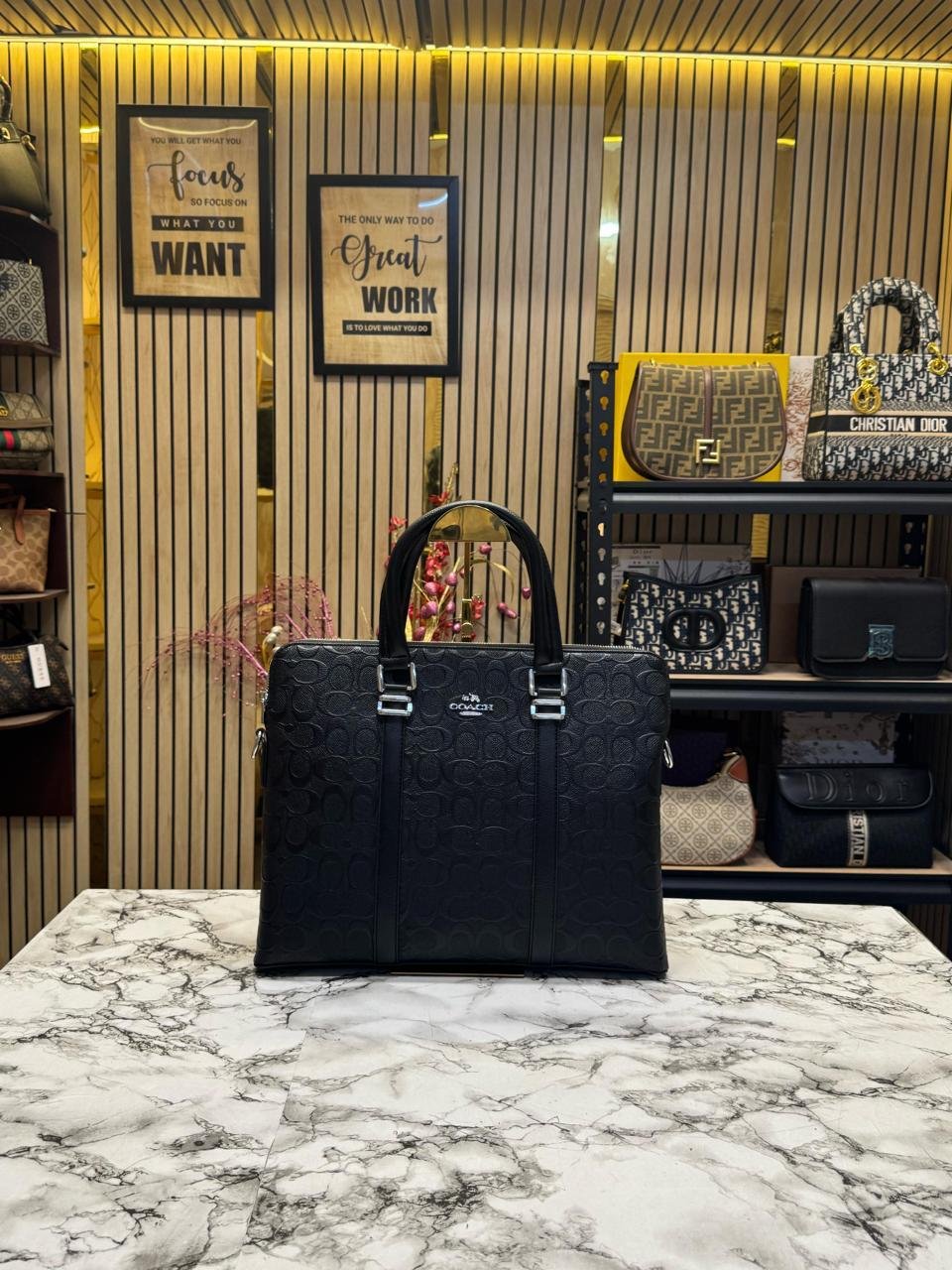 Coach leather laptop bag with an all-over logo pattern (BLACK)