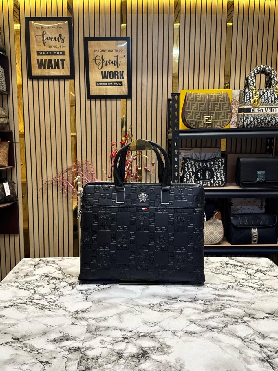 Versace embossed leather laptop bag with dual handles and a metallic logo (BLACK)