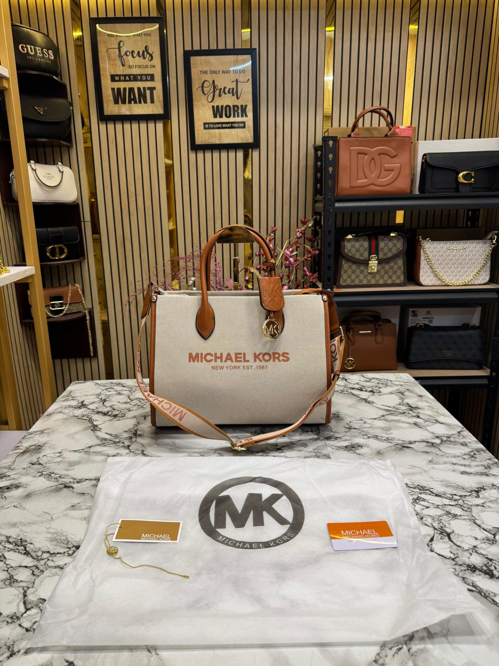 MICHAEL KORS MIRELLA TOTE BEIGE BOWN WITH ORIGNAL DUST BAG AND CARRY BAG