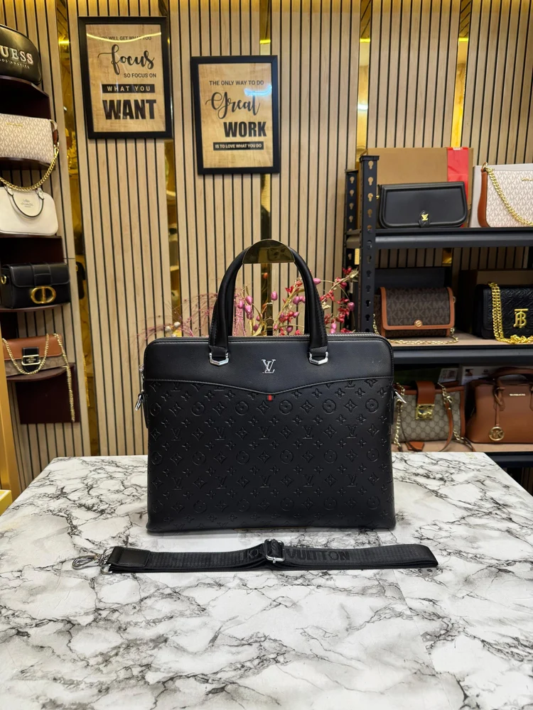 Louis Vuitton Embossed Premium Quality Laptop Bag With Strap (Black)